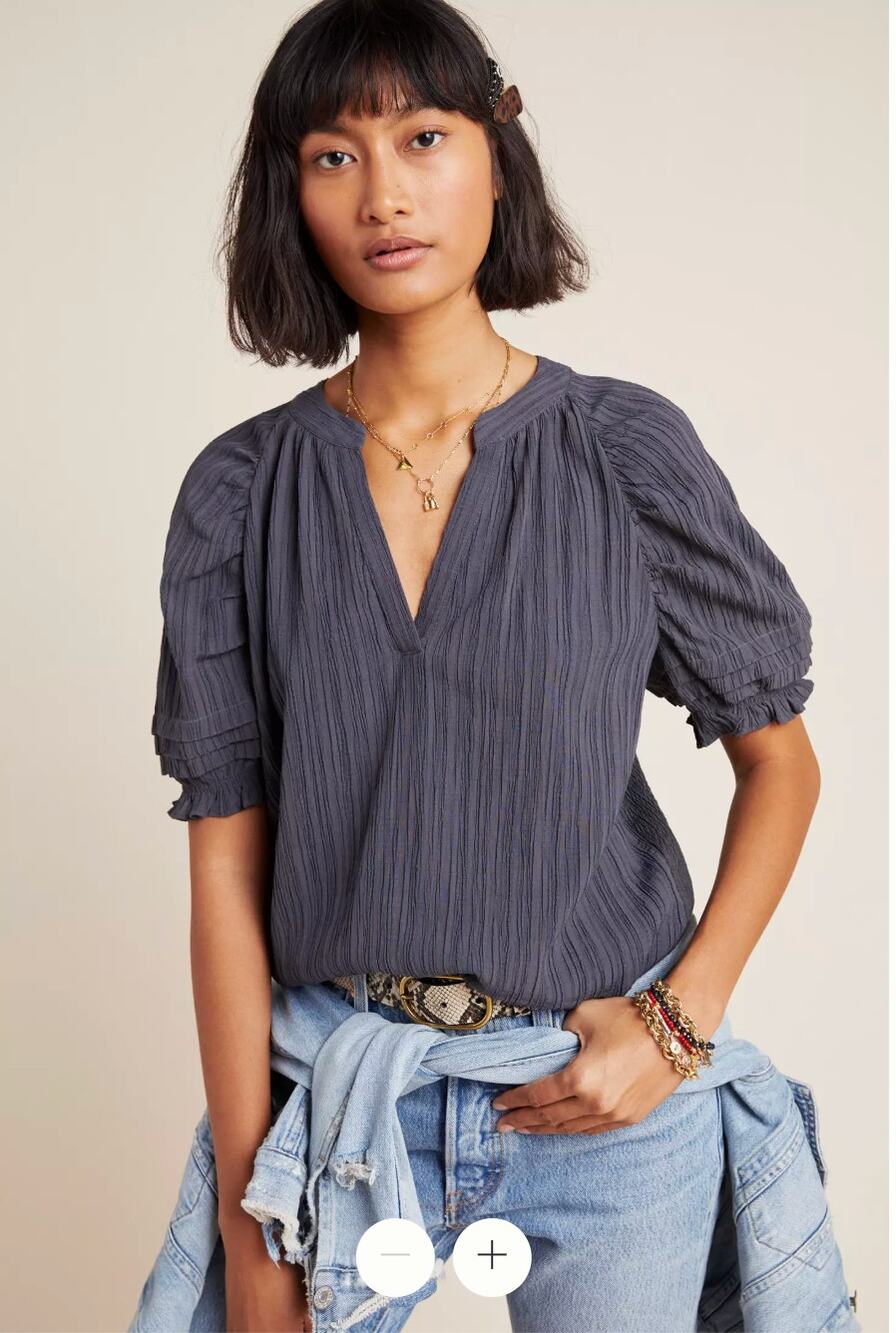 ANTHROPOLOGIE CURRENT AIR Gray Rafia Plisse Top V Neck Blouse // M